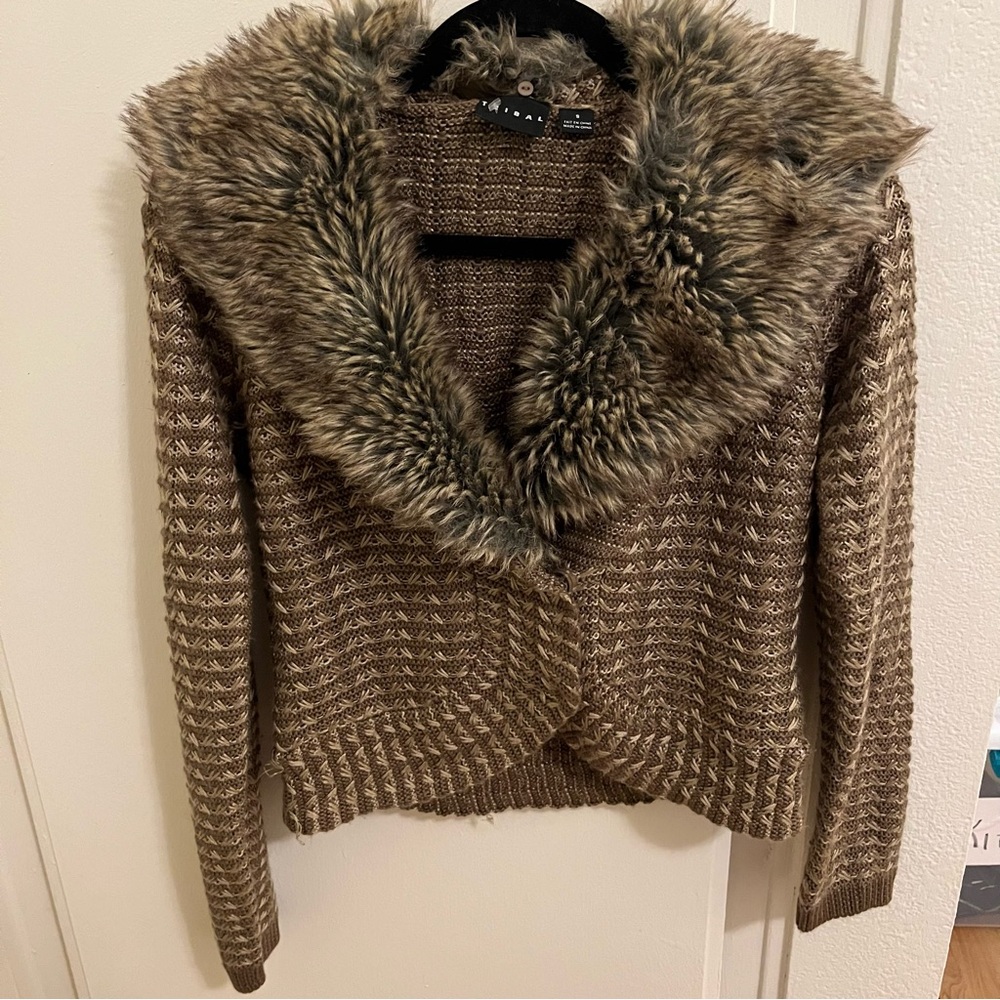 Button Up Sweater with Faux Fur Collar